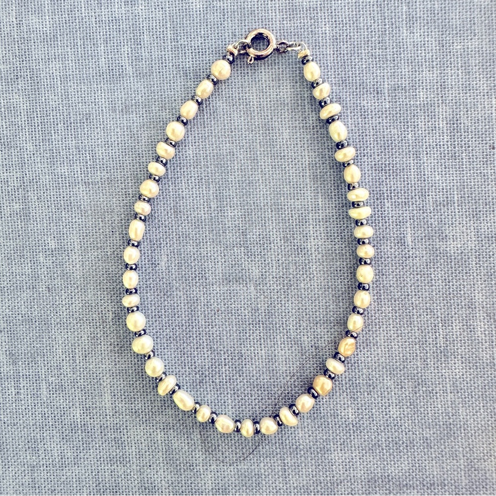 Pearl bracelet, tiny freshwater pearls with hematite seed beads,delicate.